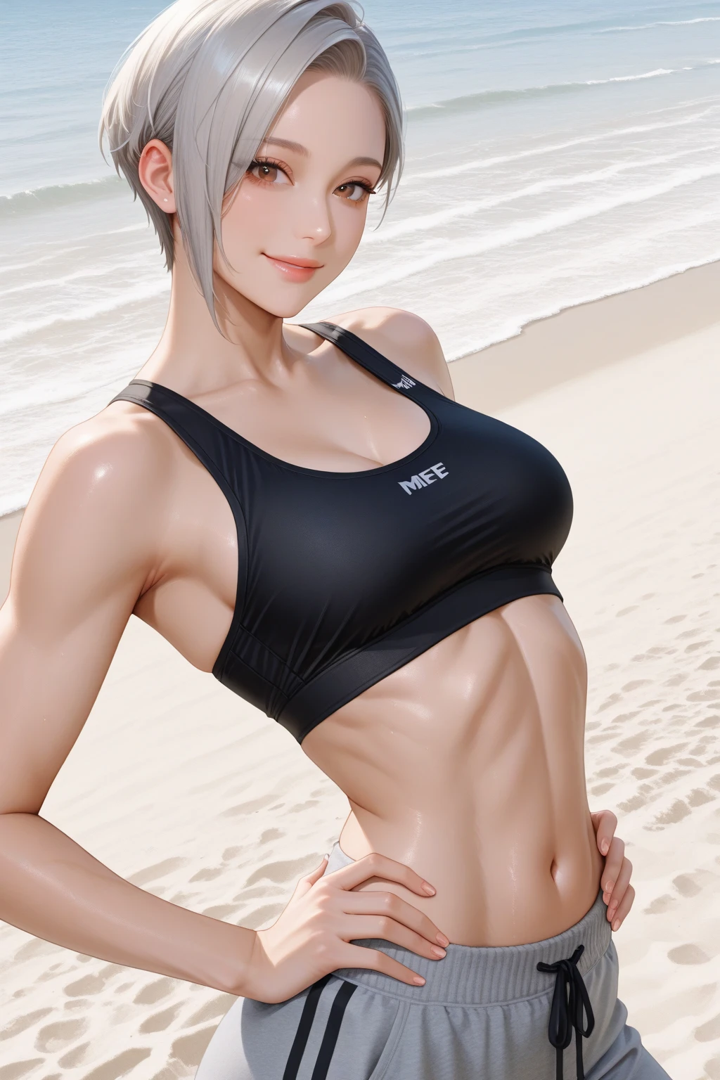 highest quality、Realistic、girl、Silver Hair、Light blue eyes、short hair、Light blue swimsuit、Tanned black body、A well-trained body、muscle、Abdominal muscles、athlete、Tan Skin、Brown black skin、slender、Sweat、Arms crossed、Ocean、Bust Shot