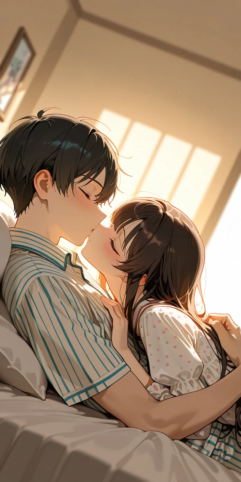 detailed illustration, dynamic angle, ultra-detailed, illustration, 1girl, 1boy, kissing, kiss, bedroom, , plaid skirt, white shirt, blue pants, arms pinned above her head, black hair, long black hair, evening, against the wall, girl pinned, girl against wall, girl's arms up, arms pinned against wall, boy holding girl's wrist, leg up