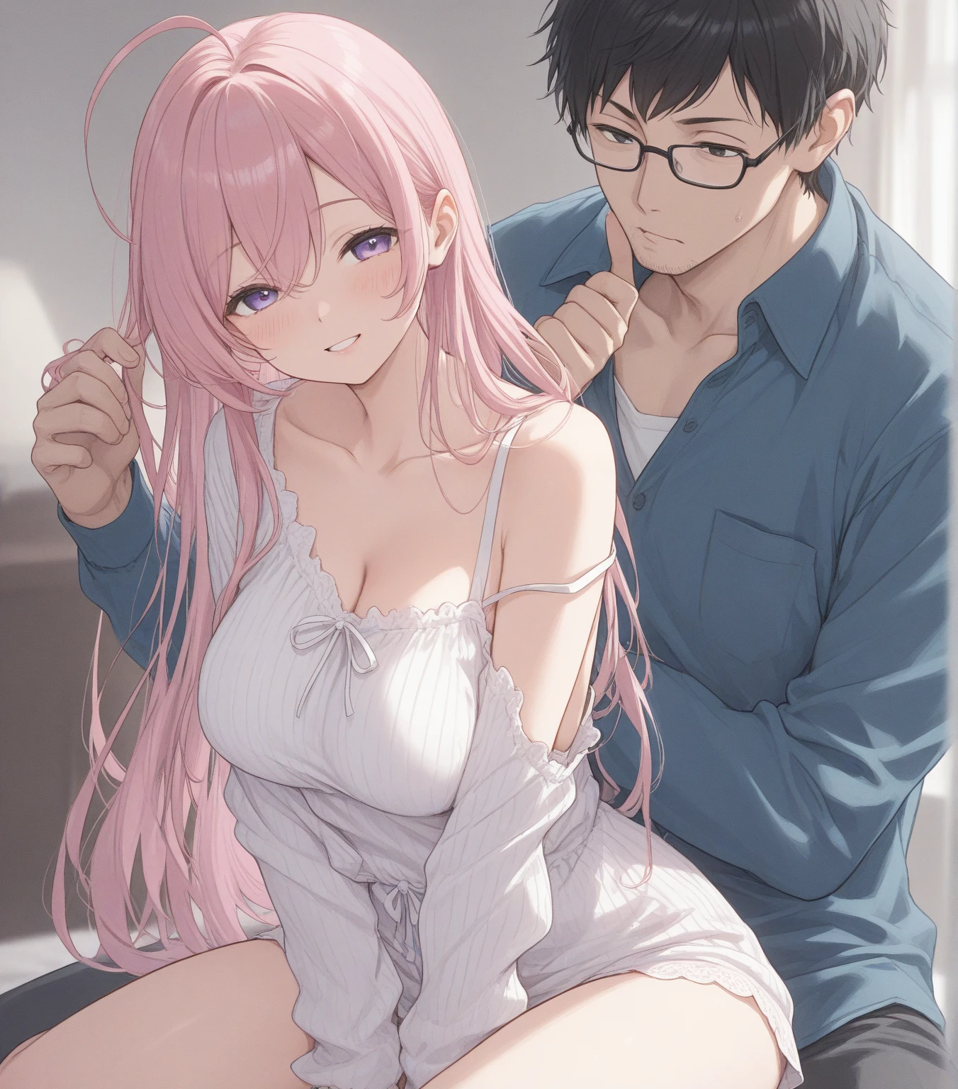 masterpiece (((1 man))) 1 girl (((men and women))) Pink hair Long hair Green eyes Huge breasts (big nipples) NSFW (orgasm) (heart eyes) ((A man fondles a woman's breasts from behind)) ((Grabbing breasts)) uniform blazer ((red lace bra)) (deep kiss)