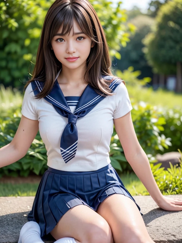 (Realistic, photo Realistic:1.2), ((Highest quality)), moving her center of gravity back, Quite embarrassing, White panties, (Showing panties:1.4),Tight Skirt, (Under the skirt:1.3), (Lift up your skirt:1.3), (squat:1.4), Put your heels on the ground, Spread your legs a little, 膝を上げてsquat, Put your butt on the ground, black penny loafers, Beautiful face details, Real human skin, Gentle expression, Front view, angle From below, Realistic, photoRealistic, cute, Short skirt, squat deep on school grounds, cute school girl, Japanese school girl uniform, Sailor suit, whole body,Smile, Natural smile, Charming smile, Captivating smile, (View your viewers:1.2), from the front, From below,