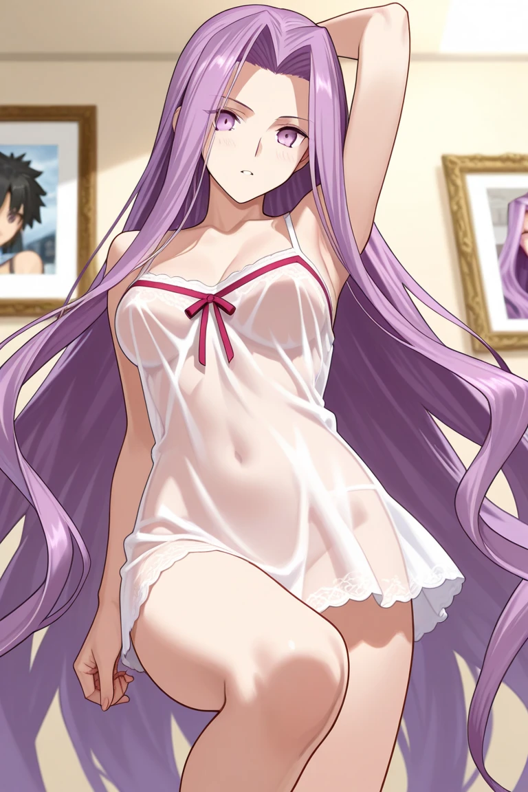 Kido_Saori, standing, solo, large_breasts, masterpiece, best quality, detailed face, detailed eyes, highres, red lingerie, bedroom, open legs