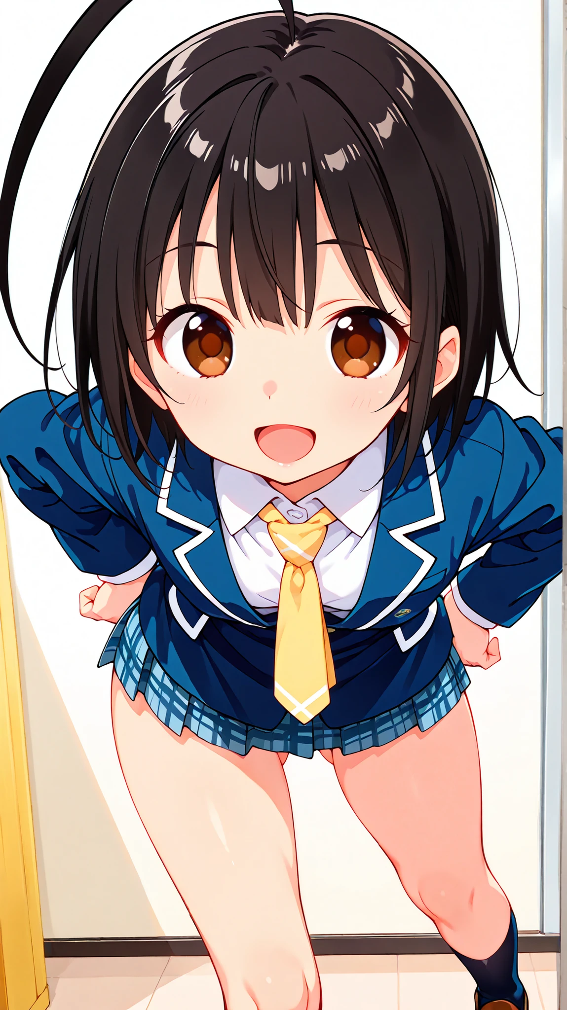 1girl,solo,yuuki mikan,, ,brown hair,, ,1girl,,,small breasts,,open mouth,,tongue,smile,(spoken heart),outdoor,,looking viewer,standing,cowboy shot,camisole,miniskirt,lift legs,panties,