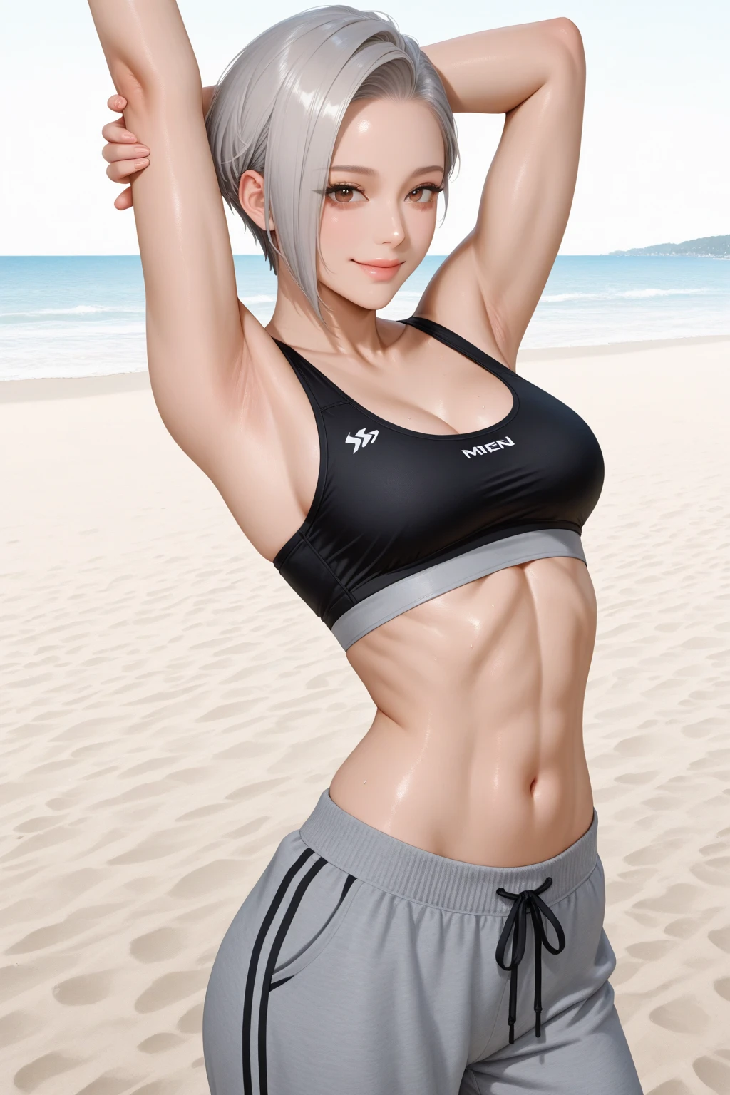 Muscular busty babe in bikini, fully clothed, no nudity