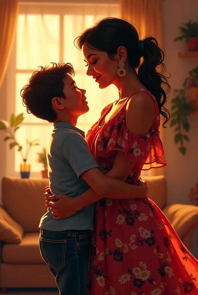 score_9, score_8_above, score_7_above, fountain_cheered up, 1 chico, 1 girl, Mature woman in a sexy and revealing dress., collar, mother and son, child, big , romantic, evening, In the living room, (against the wall) (from behind)