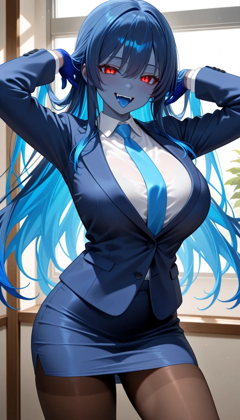 masterpiece, best quality, 1girl, solo, vanwinkle, standing,  female focus, blue eyes, messy hair, suit, glasses, necktie, big breasts, teeth, [[open mouth]], formal, smile, simple background, pants, <lora:vanw:0.8>