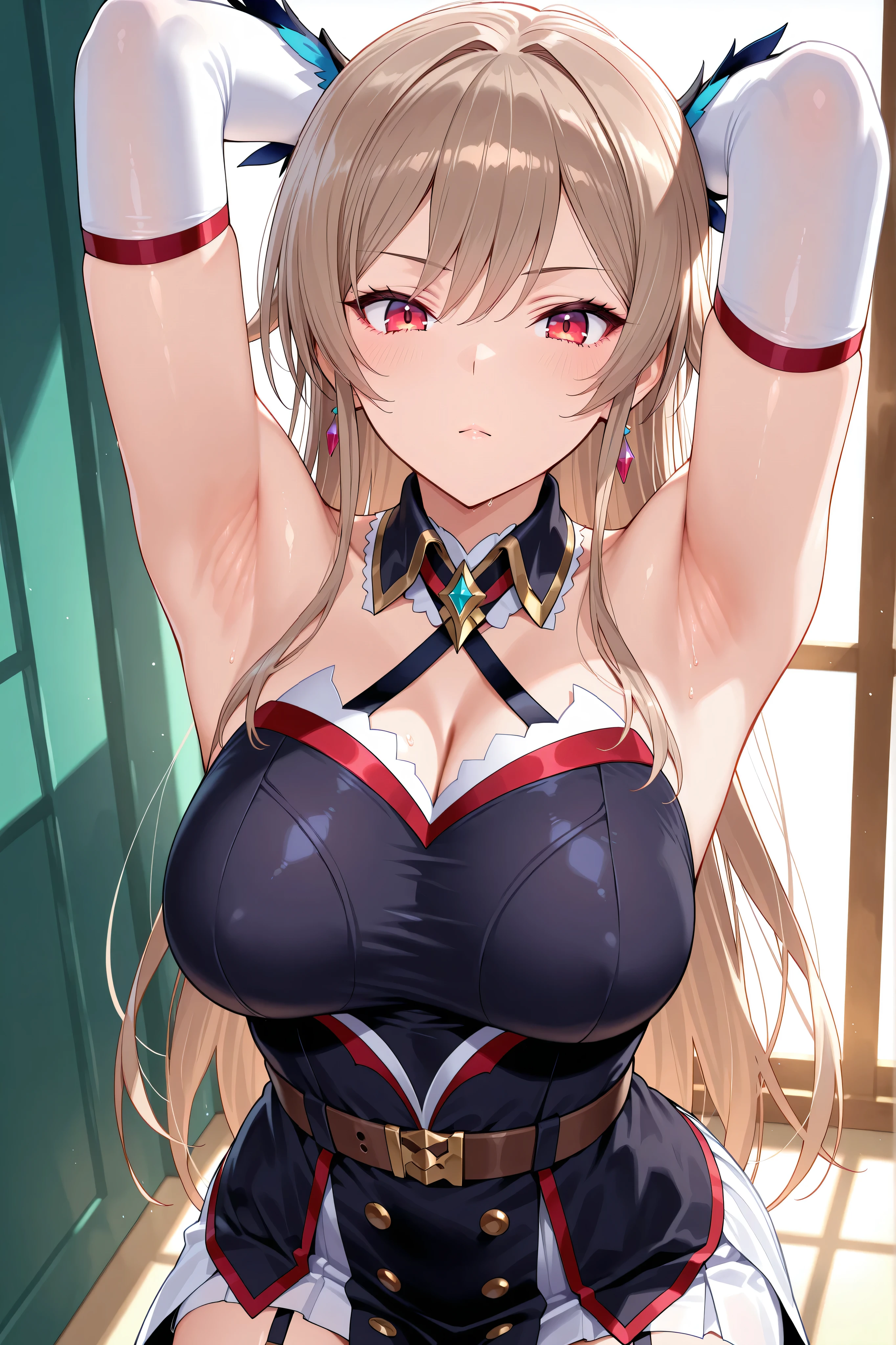 Adult Woman, Sexy Witch Cosplay, Long dark blonde wavy hair、off-shoulder knit, (Dark blue skirt), Medium milk, cute smile face、Bare shoulders、(Pose to lean forward and emphasize the chest)、(turned around)、sexy hips、Sexy red underwear、Black High Heels、Luxurious magic wand and book、Church of the castle、sexy  pose、(((The skirt is rolled up by the wind)))、((buttocks visible))、((embarassed expression))