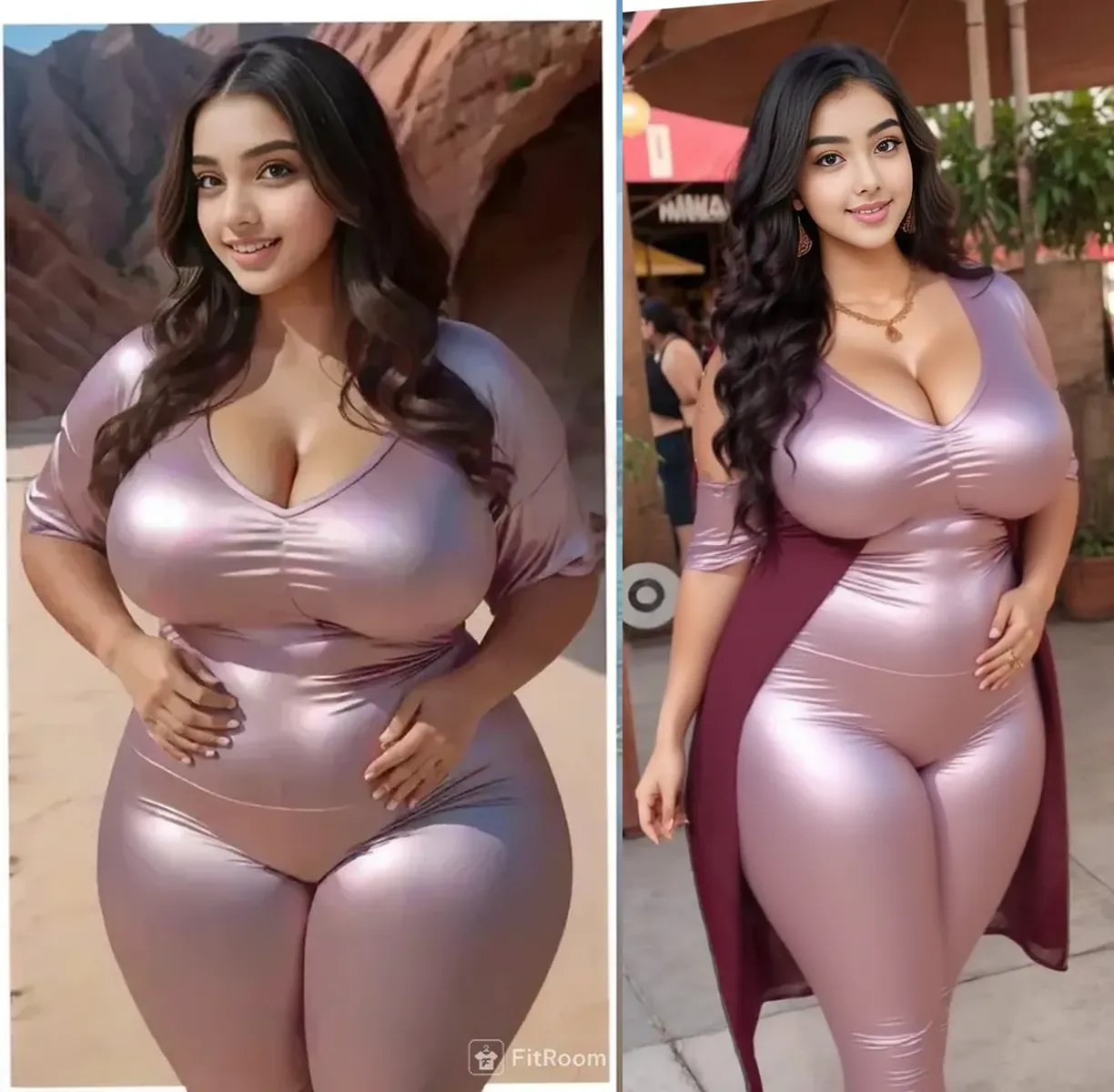 there is a Latina woman in a black tank top and glossy purple leggings posing for a picture, plus size milf body, chubby figure, chubby face, attractive face, mature female, (tan-bronze skin:1.5), long black hair with purple highlights, glowing amber eyes, purple mascara, purple eyeshadow, looking at camera, wide smile, confident expression, teeth, sexy, Curvy, beautiful thick female, thick thighs, she has a round belly, she has a wide load butt, in the city of Los Angeles