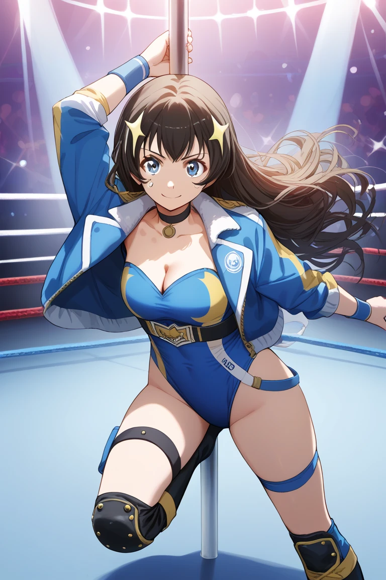 cowboy shot, upper body view, anime style: 1.8, anime drawing, ultra detailed face, ultra detailed body, 4k, Sumergai Lee Noriega, (standing), best quality, anime style, hires, highest definition, digital blending, bold drawing lines, ((slender body, female wrestler), (location: wrestling arena, crowds watching), (slender body, broad shoulders), mature woman, ((white wrestling gear: white micro bikini, boots, gloves)), victorious, winner, smile, (big breasts), (big eyes, brown eyes), (warming up), (brown hair, curly hair, wavy hair, long hair, missy hair), 27 years old,