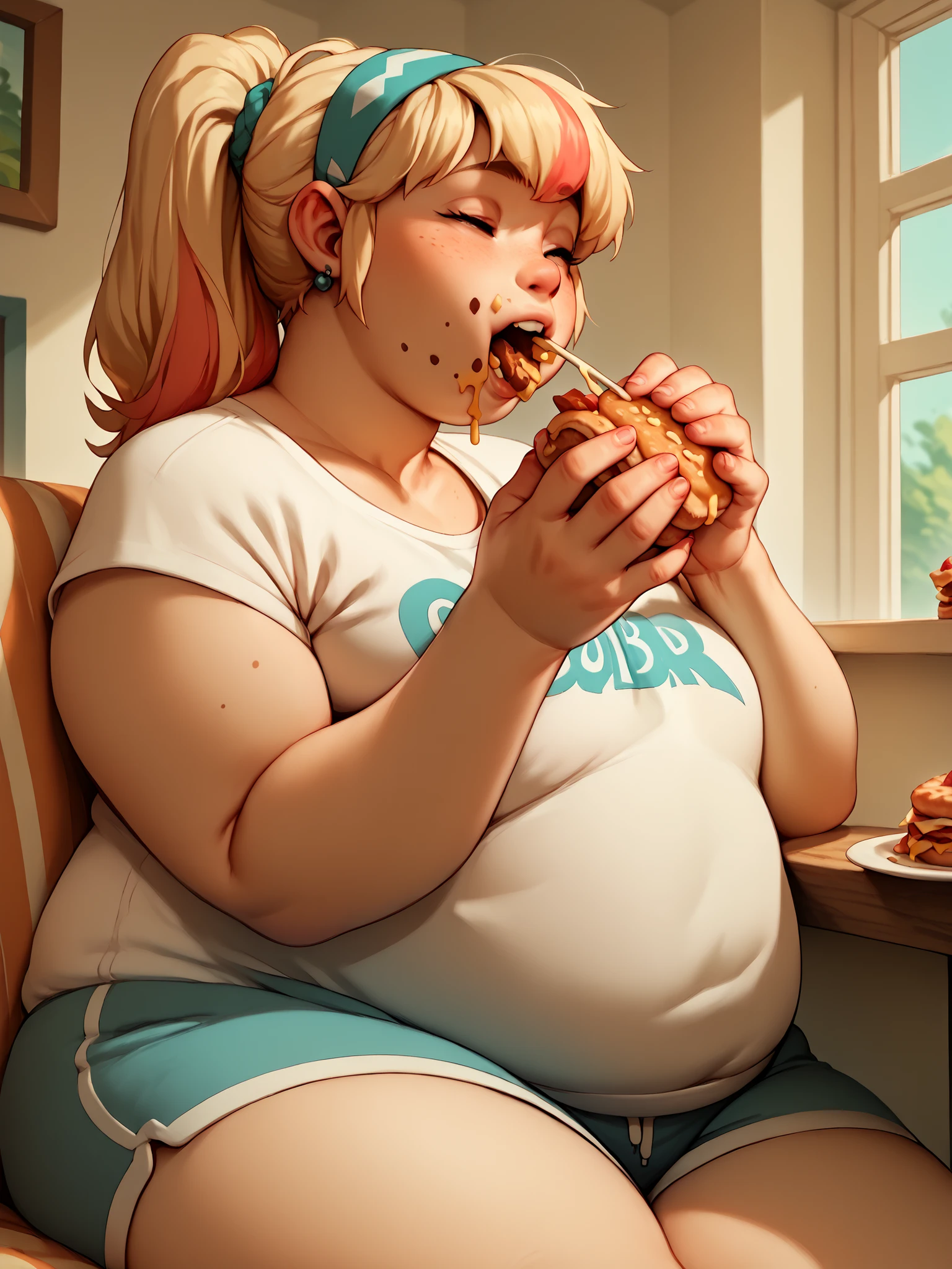 (masterpiece, detailed, realistic:1.2), young woman, USSBBW, (morbidly obese:1.4), detailed face, beautiful face, high aesthetic, (eating junk food:1.2), restaurant, messy, slob