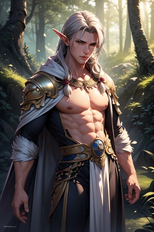 (max resolution: 1.2), (Ultra HDTV: 1.2), 8K resolution, Eye and skin details, face details, , (Sharp focus: 1.2), (Precise focus) sharp face: 1.2), Boy, Standing, Long hair, White hair, (White cat ears), (((Cat tail))), Hand holding anchor, Shirtless, Chest muscles exposed, Abs 6 citrus, transparent white briefs, Summer, Sea water, Coconut tree, Blue sky, White clouds, Sunlight, Water table, Hand holding a staff