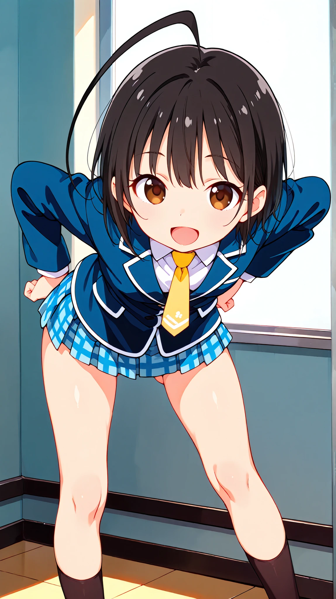 nsfw,((anime style)),score_9, score_8_up, score_7_up,masterpiece, best quality,ultra detail,,huge ahoge, negishi masako , 1girl , ((((((solo)))))),short hair,black hair ,long bangs,brown eyes,round eyes,(Flat Chest),school uniform,(((blue blazer))),light blue checkered Pleated mini skirt,(((((mini skirt))))), Yellow necktie,(((knee))),(brown loafers),((black sox)),((ass visible through thighs)),(((((contrapposto))))),(((A glimpse of her thin thighs))) , cute ,, detailed face ,((Mischievous open mouth smile)),((cute face)),((((((leaning forward)))))), (hands on hips),((front shot)),(((whole body))),