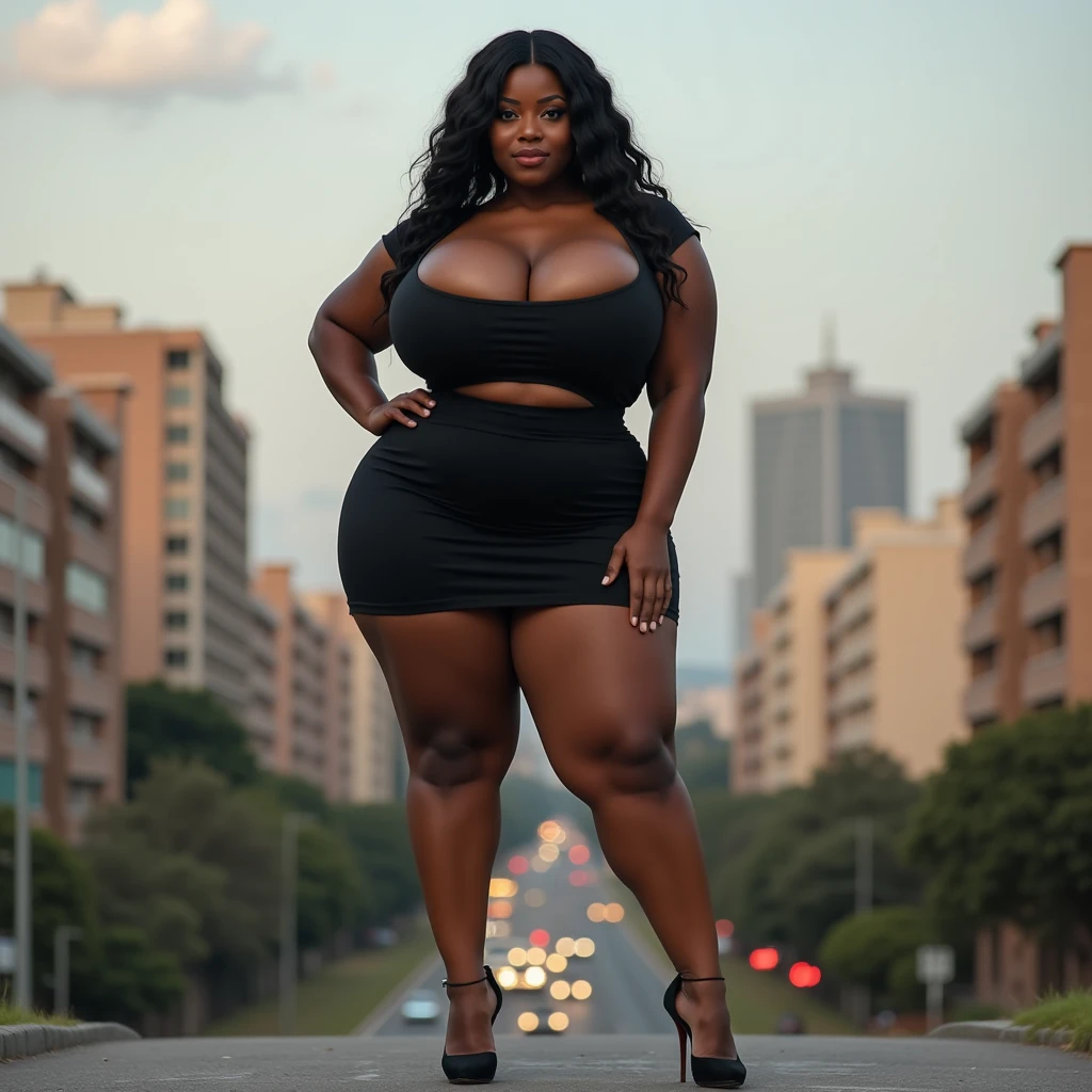 ONE GIRL. best quality, ultra-detailed, hyper realistic, 8k, full body shot, 23 years old, Nigerian beautiful girl, round shaped face, dark black skin, highly detailed skin with blemishes, ebony, dark natural afro hair, fit athletic figure, full body, big natural E cup breasts, big butt, wide hips, wearing a sexy shirt, loose long skirt, cleavage, smiling, in a crowded park
