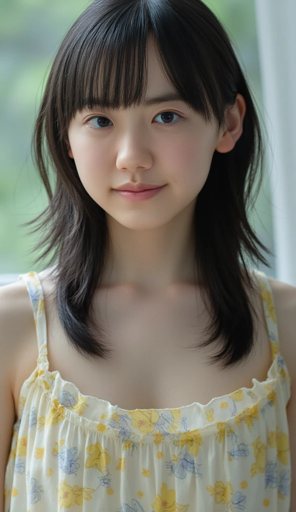 best quality, high-res, realistic photo, detailed skin texture, cute girl, shy, facing the camera, slim figure, small breasts, 10-year-old, charming gaze, Japanese girl, fair skin, white underwear, youthful appearance,