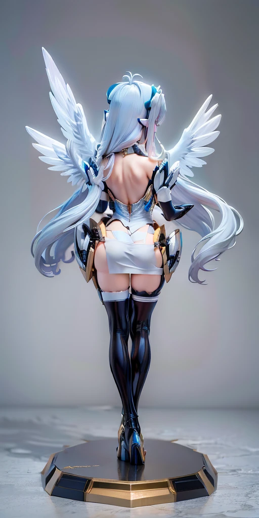 8K, Top Quality, Intricate Details, Ultra Detail, Ultra High Resolution, Masterpiece, ((from behind)), Slender, Smile, (Makeup: 0.4), (Fluffy Blue Eyes: 1.21), blue Eyes, looking at background, ((full body)), 1girl, solo, 1 girl, (( full body)), close up shot, standing , ((tall)), (((fit body))), (((slim face))), sharp face, sharp eyes,, ((( golden hair, very long hair,  )), (((crop top)) (detailed face), sharp face, small lips, ((helm,wings)), detailed face, detailed breast, , large breast, detail ass, big ass, round ass , Beautiful girl with accentuated slender abs: 1.4, Six Pack Abs: 1.4, Bust Botox, Big, Perfect Body, detail leg, (( in heaven))