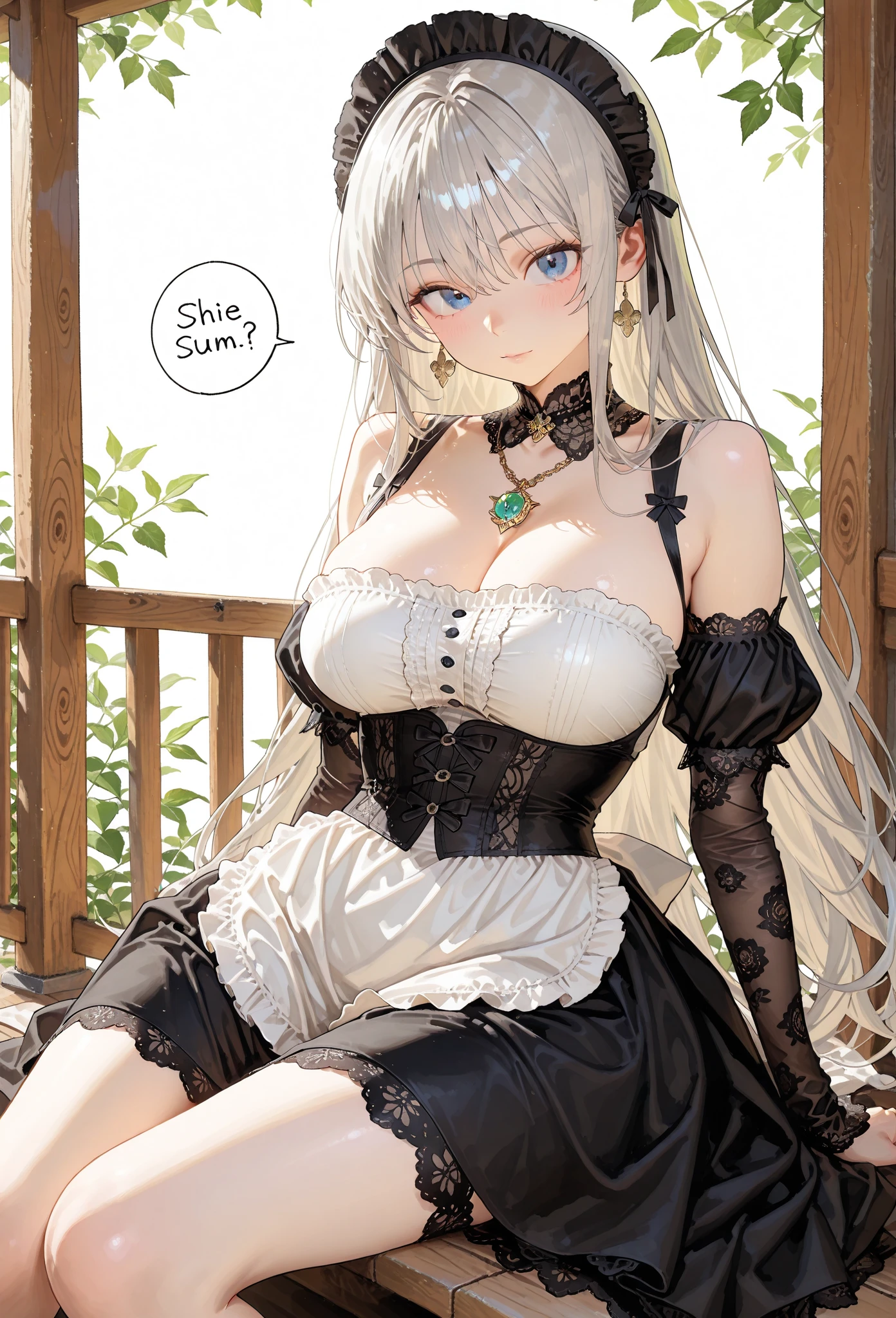 White haired girl | 20 years old | big breast| beautiful eyes | blue eyes | using a dress | short haired | Messy bun | smiling