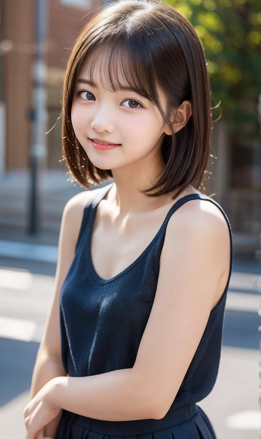 One girl,summer,Inside the room,locker room,Standing,Black Hair,Short Bob,Navy blue tank top,button,smile,6th grade elementary school,Honor student,Innocent,front,Small bulging lines on the chest,Look here,transparent, Soft Light,(masterpiece, Highest quality), Structure of the film, Like a movie