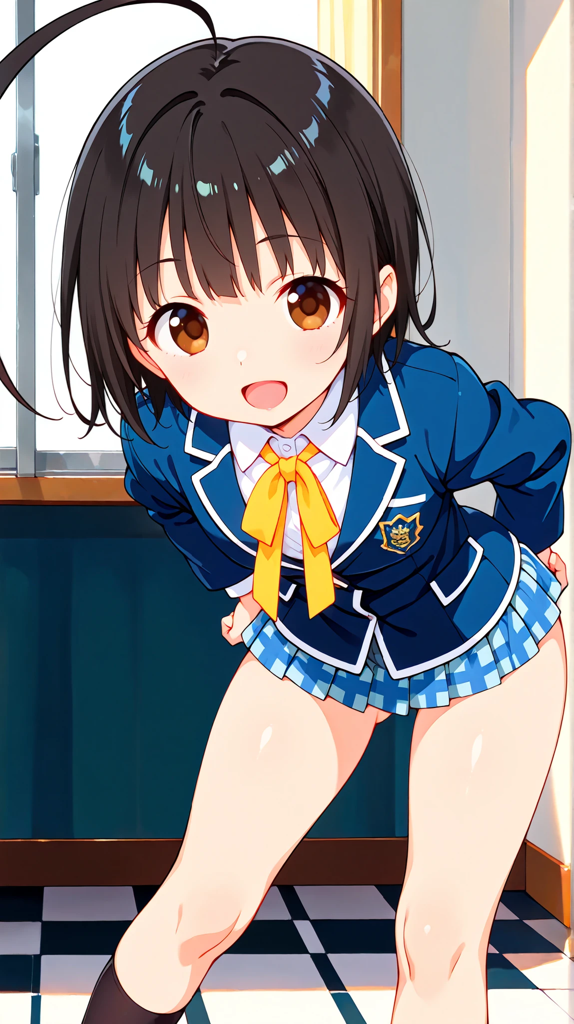 nsfw,((anime style)),score_9, score_8_up, score_7_up,masterpiece, best quality,ultra detail,,huge ahoge, negishi masako , 1girl , ((((((solo)))))),short hair,black hair ,long bangs,brown eyes,round eyes,(Flat Chest),school uniform,(((blue blazer))),light blue checkered Pleated mini skirt,(((((mini skirt))))), Yellow necktie,(((knee))),(brown loafers),((black sox)),((ass visible through thighs)),(((((contrapposto))))),(((A glimpse of her thin thighs))) , cute ,, detailed face ,((Mischievous open mouth smile)),((cute face)),((((((leaning forward)))))), (hands on hips),((front shot)),(((whole body))),