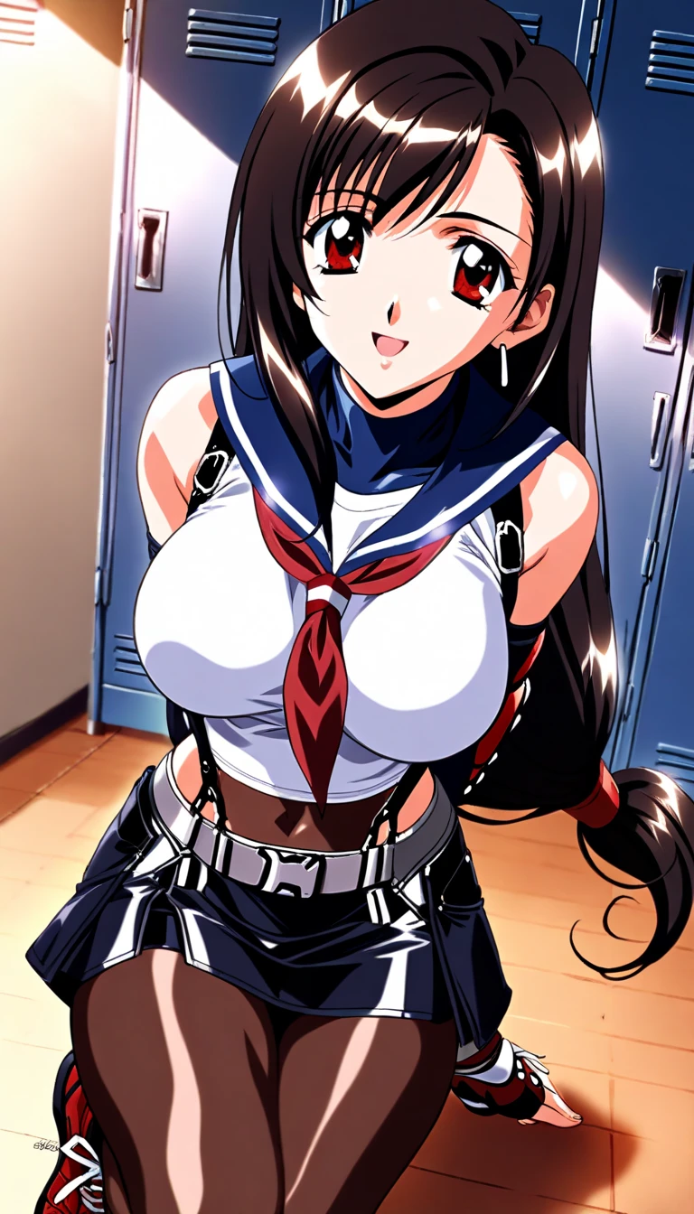 ((Correct Anatomy)),(Detailed image quality),(Female student)、((school uniform))、((Sailor suit))、(Mini Pleated Skirt),(((Black Stockings))),((School Uniform)),((standing)),Ultra-high resolution,Mature Woman, Mature Woman, Very detailed,Sunburned skin,Brown Skin,((Beautiful legs)), (Big Breasts),((Beautiful feet)),Perfect hands, Detailed fingers, Beautiful details, ((Long, long hair)),((ponytail)),Black Choker, Earrings,loafers,Perfect Eyes, Captivating eyes,(School stairs)