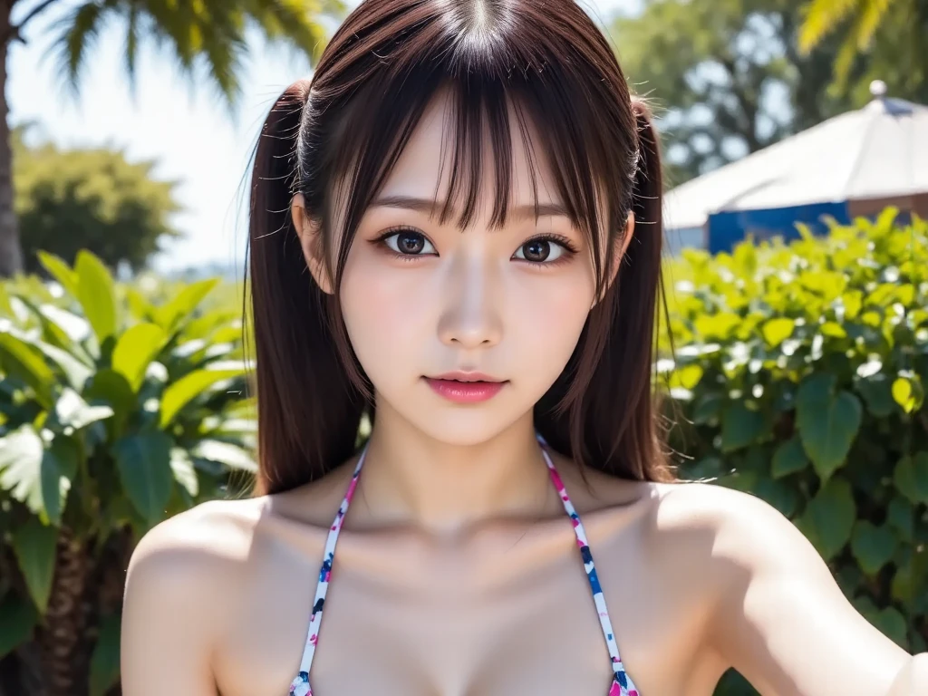 (Highest quality, 32k, High resolution, Masterpiece:1.5, ), marimo_jet, god々A photograph with brilliant dazzling and healing power., Evoking a sense of calm and elusive beauty, Expressing emotions, Have a rich imagination, The road to the horizon, Nostalgic scenery of youth, Beautiful Japanese Girls, An exceptionally beautiful face, Small Face Beauty, Perfect Human Anatomy, Magical big eyes, Motherhood and generosity, Deep Love, fleeting smile, ((Shiny brown hair:1.1)), ((A beautiful ponytail swaying in the wind)), Asymmetrical bangs, Hair between the eyes, Transparent, soft white skin, Sharp eyebrows, Thin lashes, Natural Makeup, Cheek highlighter, Pale pink detailed lips, (Bikini with red floral pattern:1.4), High resolutionの完璧な鎖骨, High resolutionの美しい胸元, Slim figure with ample breasts, High resolutionの美しい太もも, ((Waterfall Highway:1.2)), ((The road to the horizon路)), Beautifully detailed skies, ((Shining in the morning sunlight)), Professional photographer, Professional Lighting, Professional models, god秘的