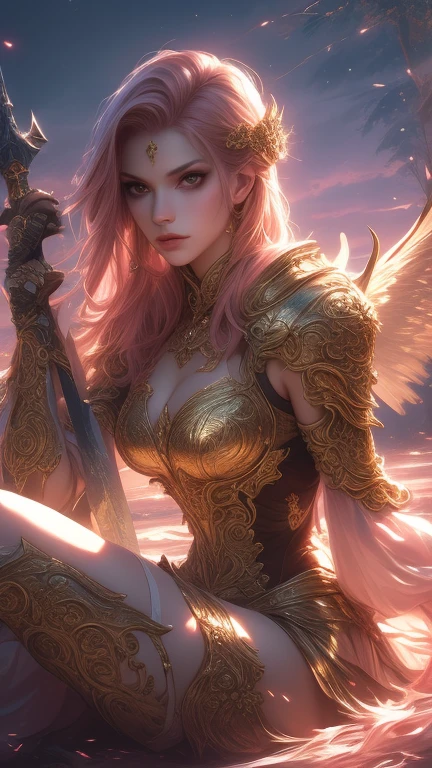 absurdres, (best quality:1.1), (masterpiece:1.2), beautiful detailed, (wide landscape, 8k), depth of field, highres, beautiful and aesthetic, High quality, beautiful, (zentangle, mandala, tangle, entangle:0.6), magical, pink hair, angel wings