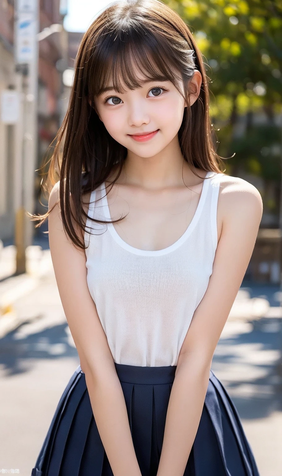 ((top-quality))、 ((masuter piece))、超A high resolution、Raw photo、intricate-detail、proffesional、foco nítido、Photorealsitic、Real life、surrealistic、photorealisim、Silhouette Light、finely detail、Highly detailed CG Unity 8K wallpapers、erfect artwork、Depth of field is deep、No perspective、细致背景、shinny hair、radiant eyes、shinny skin、realisitic、Looking at the camera、Very delicate and cute、Cute detailed girl、pure、cute large eyes、Facial Lights、Cinematic lighting、Transparent material、realistic representation of face、(intricate detailes)、no-makeup、(delicated face、Delicate eyes and face)Detailed skin、Best ratio of four fingers and one thumb、(flat-chest: 1.4)、short torso、Transcendental thin legs、Transcendent small butt、((独奏))、light、Very young face、Innocence、Facial Highlights、Professional Writing、1人、White lightweight tank top with thin fabric、White Sheer Light Shorts、Back lighting、((Stand facing the front))、Hands on the hips in the style of models、florals、((non-blur))、Skinny style、((Knee shot))、((12year old))、(Beautiful pitch black shiny one-tail medium hair:1.4)、(Super beautiful girl with cute lolce:1.6)、Short stature、Beautiful shiny black hair、((Super petite and super slender girl))、((A true transcendent beautiful girl with ultra-young Japan))、Plump round face、Small face and small nose、Healthy face、Soft lips、pale cherry colored lips、(rather thin eyebrows: 1.4)、shiny large black eyes、big eye、(The corners of the mouth rise:1.4)、Clothes are see-through、Protrusions、erect through、(Shy smile:1.8)、less clothing、no sleeves、Eyes for hollow details、Floating hair、large eyes that are symmetrical、hair clips、No face makeup、