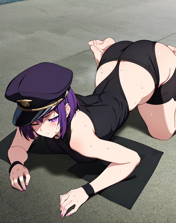 masterpiece, Best quality,  1 Girl,It has,shako hat,purple hair,long hair, eye patch, Purple eyes, in a crop top and thong, squatting with legs spread