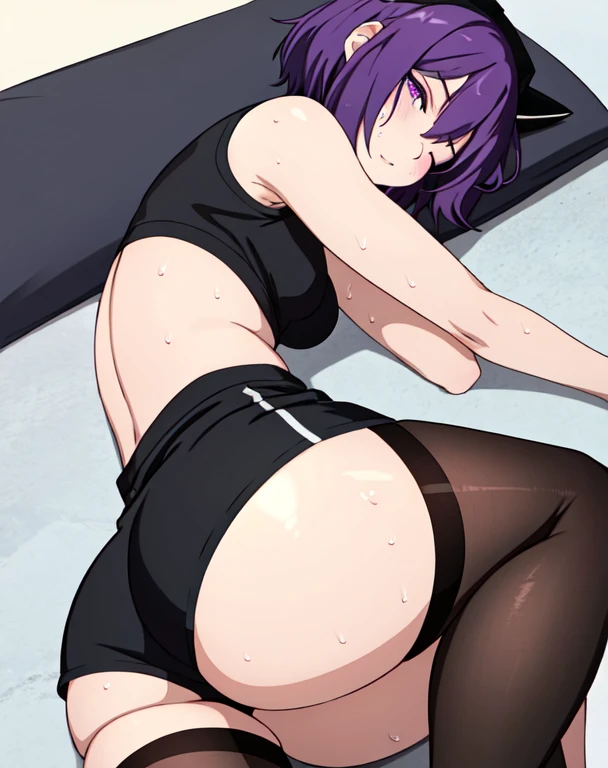 cat ears, 1boy, blue eyes, violet hair, big short fluffy hair, cat tail, vibrant, HD, black shirt, black booty shorts, accurate hands, black thigh socks, smug, big butt, big thighs, toned abs, no shoes, accurate legs, ((cum on face))