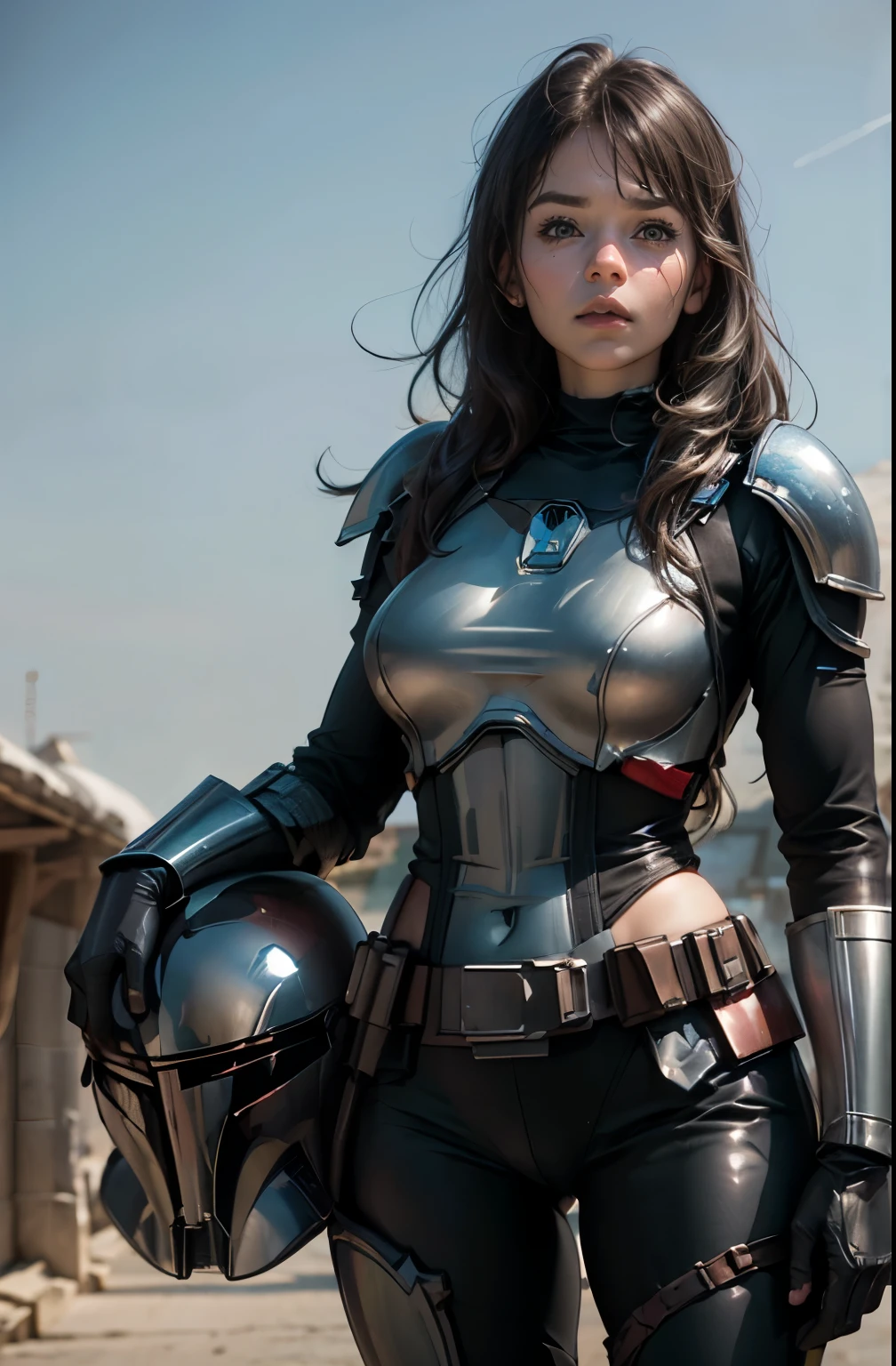 star wars world ,female mandalorian , ,holding helmet in right hand,I can see faces ,Vesker Armor ,Slimming, slender, ,