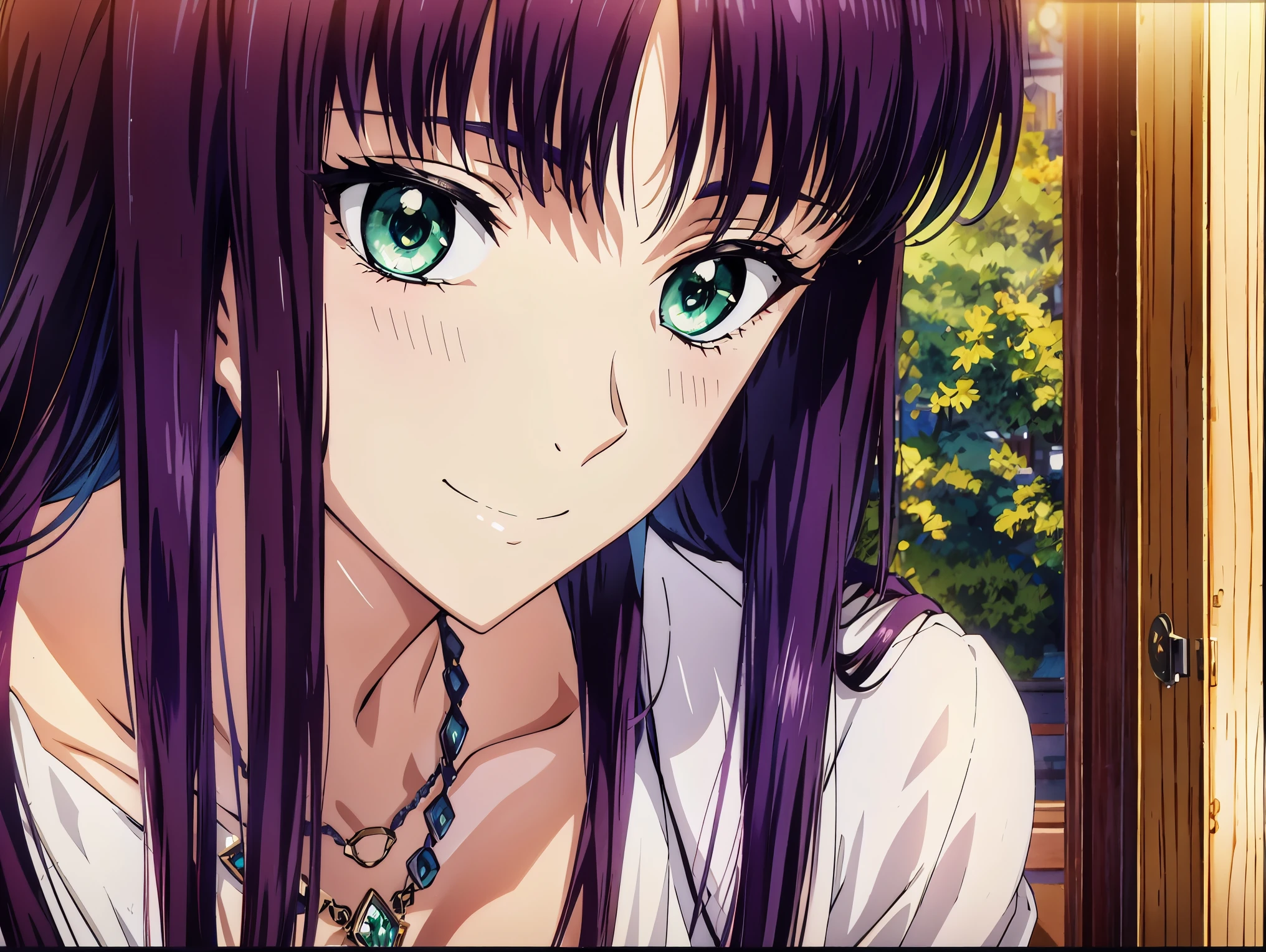 Inspired by anime girls , an anime visual of a cute girl , Closeup Iwakura , Anime Moe Art Style , animated portrait of Ringo Shiina , anime vest girl , Young Woman Anime Visual , close-up , Close up shot of Iwakura Ina , official anime scene photo , cute natural anime face , UHD and 8K Connection , high image quality , CGの details , high quality shadows , details Beautiful Delicate Face , Beautiful and delicate eyes , in their 40s( Highly details 8K Wallpaper ) , (High definition CG 8K wallpaper) , Makima ( chainsaw man) , scathach ( destiny/grand order) , Reika Shimodaira , nothing , Very Delicate and Beautiful CG Illustrations , 最high quality , Realistic Feelings , Realistic Fabric , realistic texture , Beautiful Thighs , big breasts thin waist , (((masterpiece))) , (((最 high quality))) , 8k , 32K ,masterpiece , beautiful charming anime woman , ultra high definition , 超 details , high image quality , 超現実的な high school students , masseter area , 最 high quality , high quality , high image quality , high qualityのテクスチャ , high qualityの影 , 高 details , details , 1 personの少女 , high school students , alone , I , 1 personしかいない , alone , 1 person , tall , AS-Adult , adult atmosphere , Leg length , with beautiful long legs , 8 heads , :171cm , mature girl , purple hair behind closed doors , purple hair behind closed doors , purple hair behind closed doors , Put your hands down , Silky Smooth Hair , colorful hair , Straight Hair , smile , they are smiling happily , Vivid Expression , かわいいsmile , Cool Beauty , beautiful woman highlighting her lower lip , beautiful face , Beautiful realism , Seductive Expression , Bewitching looks , quiet expression , beautiful hair , She wears a necklace around her neck , necklace , ビーズ necklace , Magatama Accessories , smile , Colorful eyes , green eyes , Jade green eyes , beautiful eyes on my stomach , bright eyes , beautiful eyes on my stomach , Jewel Eyes , Jade Eyes , droopy eyes , (green eyes:1 . 5) , attractive face ,, sleeveless at the beach , turtleneck , sweater , JINS , blue denim pants , Ladies' bag , Behind the shoulder , orbital space , Urban Department , walk , holiday , TAKE OUT , Busy Street , low fashion , blue sky , Building Street , Model Photo ,, outside , TAKE OUT , negative image