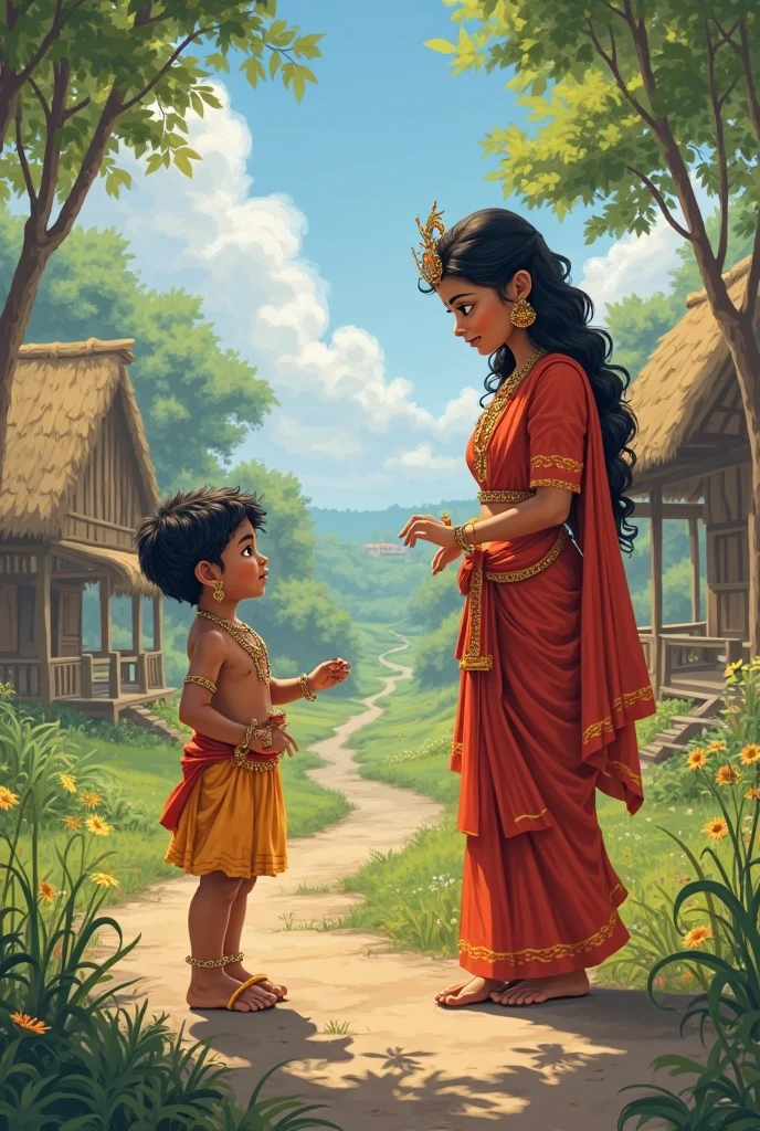 "Illustrate the moment when Hanuman finds Sita in Ashoka Vatika. The scene is set in a lush garden with flowering trees and a serene atmosphere. Sita is seated under a large tree, looking sad but with a sense of hope. Hanuman, in a small form, is seen approaching her respectfully, holding Rama’s ring to reassure her."