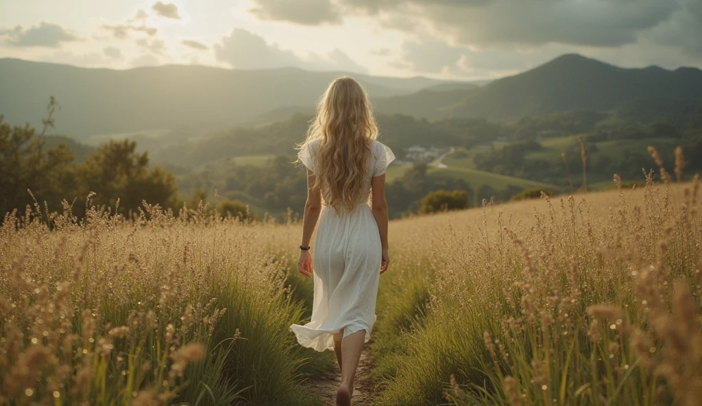 Amelia, a pretty, young brunettle with long curly hair, picture taken from BEHIND, face NOT visible, as she takes in the Tuscan countryside in a contemplative fashion. The viewer should be like standing behind Amelia. Paint a vivid scene that transports us to the heart of a picturesque Tuscan village. Nestled amidst rolling hills, this charming haven exudes timeless beauty with its centuries-old architecture and breathtaking landscapes. a sunset paints the rolling hills. its rustic charm emanating a sense of comfort and warmth.. Convey the magic of cross-cultural connection as they share stories and laughter over a delightful, shared meal. The image should be a celebration of the unspoken bonds forged through travel, transcending linguistic limitations to touch the soul.