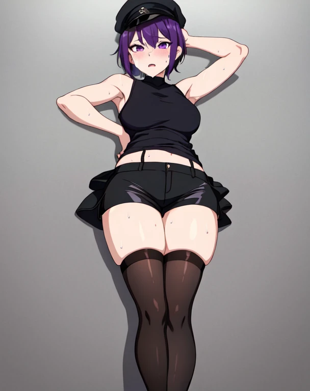 Back view、back、turn around、Butt、Ultra-detailed illustrations、Ultra-precise expression、masterpiece、Highest quality、ultra High resolution、High resolution、Hiromitsu Takeda Style、White background、Simple Background、One girl、solo、Mash Kyrielight、light purple hair,short hair,hair over one eyes、Black sleeveless dress, tight skirt, White collar、Black Pantyhose、Brown short boots、Purple panties、Purple eyes、Vulgar expression、smile、Open your mouth、Choker of Hearts、White Breath、Sweat、Glowing Skin、shiny skin、
