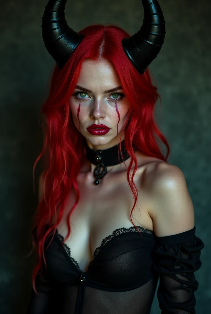 A close-up portrait of a model in a photo studio (dressed in a cosplay costume as Jinx from the Arcane League of Legends), a young and sexy woman, realist, beautiful succubus, (Derevschikova: 1.5), Beautiful and seductive, perfect nose, ultra beautiful, with its long, perfect beautiful, realist, epic beautiful, 8k, fuji xt3, untrimmed, premium wide open city ” big breasts