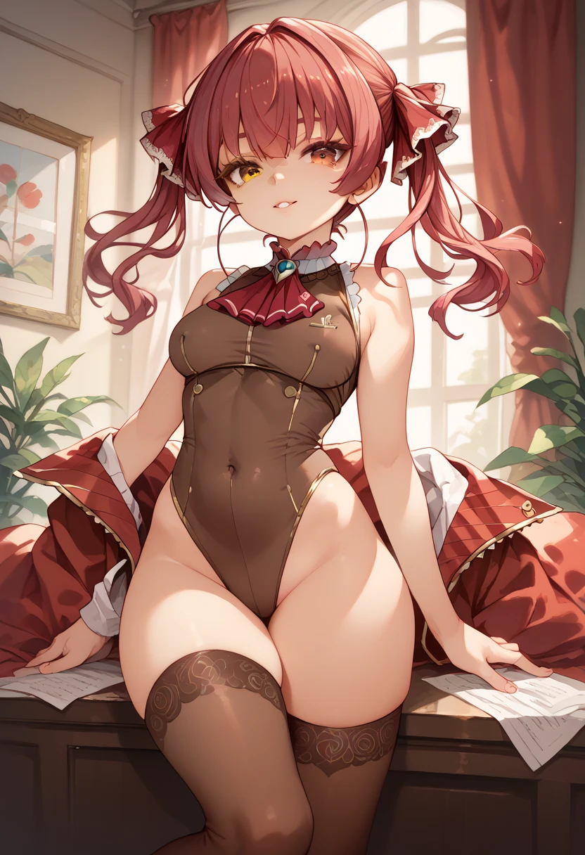 red-haired woman, tied up hair, shorth hair, greeneyes, series, angry, thick-thighs, big-ass, sitting, legs spread open, knees up, transparent white lingerie, crotch focus