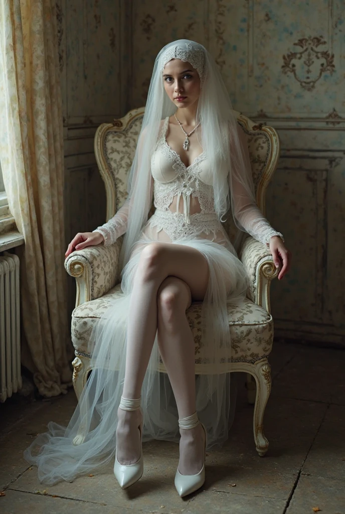 Arafed, Dark fantasy art, fantasy art, goth art, a picture of a female vampire, exquisite beauty, full body shot, dark glamour shot, pale white skin, dark blond hair, long hair, wavy hair, (glowing grey: 1.3) eyes, she wears a (white lace dress: 1.3) exquisite, beautiful, half sheer dress, ((white lace: 1.5)) dress (intense details, Masterpiece, best quality: 1.5), ArmoredDress, the roses are imprinted on the dress (black: 1.4) black roses betmd, high heels, dark castle porch, dark, black and color, lace drawing, dark novel, Dark Art Painting Style