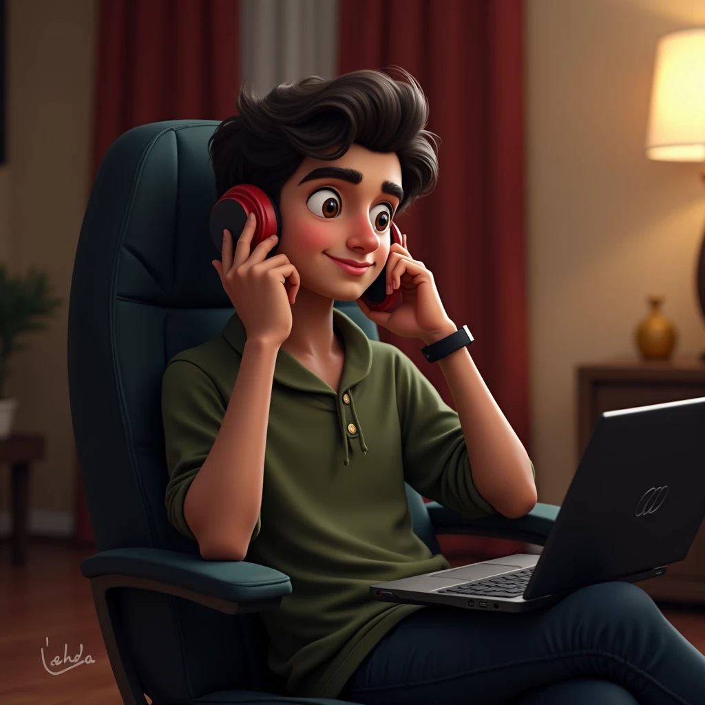 A boy is wearing coat and pants and he is sitting on a comfortable chair in the office and he is using a laptop. And he should have a tilak on his forehead.