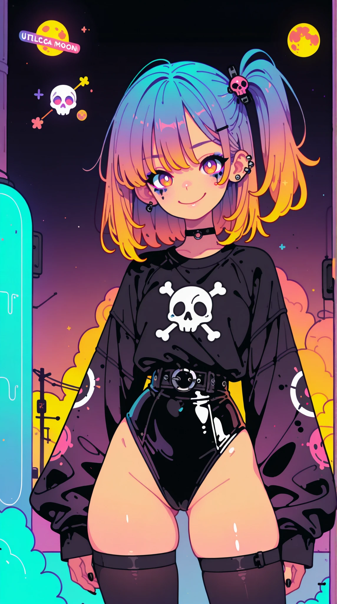 ((top quality)) , (Ultra High Definition) , (ultra details) , (depicted in every detail) , ((Best Photos)) , (best works of art on the Moon) , Ultra Precision Art , amazing depiction techniques , female, gradient hair color, Smile, Side Ponytail, Punk Makeup, leotard bodysuit, black tights, Punk Fashion, Skull piercing, Neon Street, delicately depicted in detail,