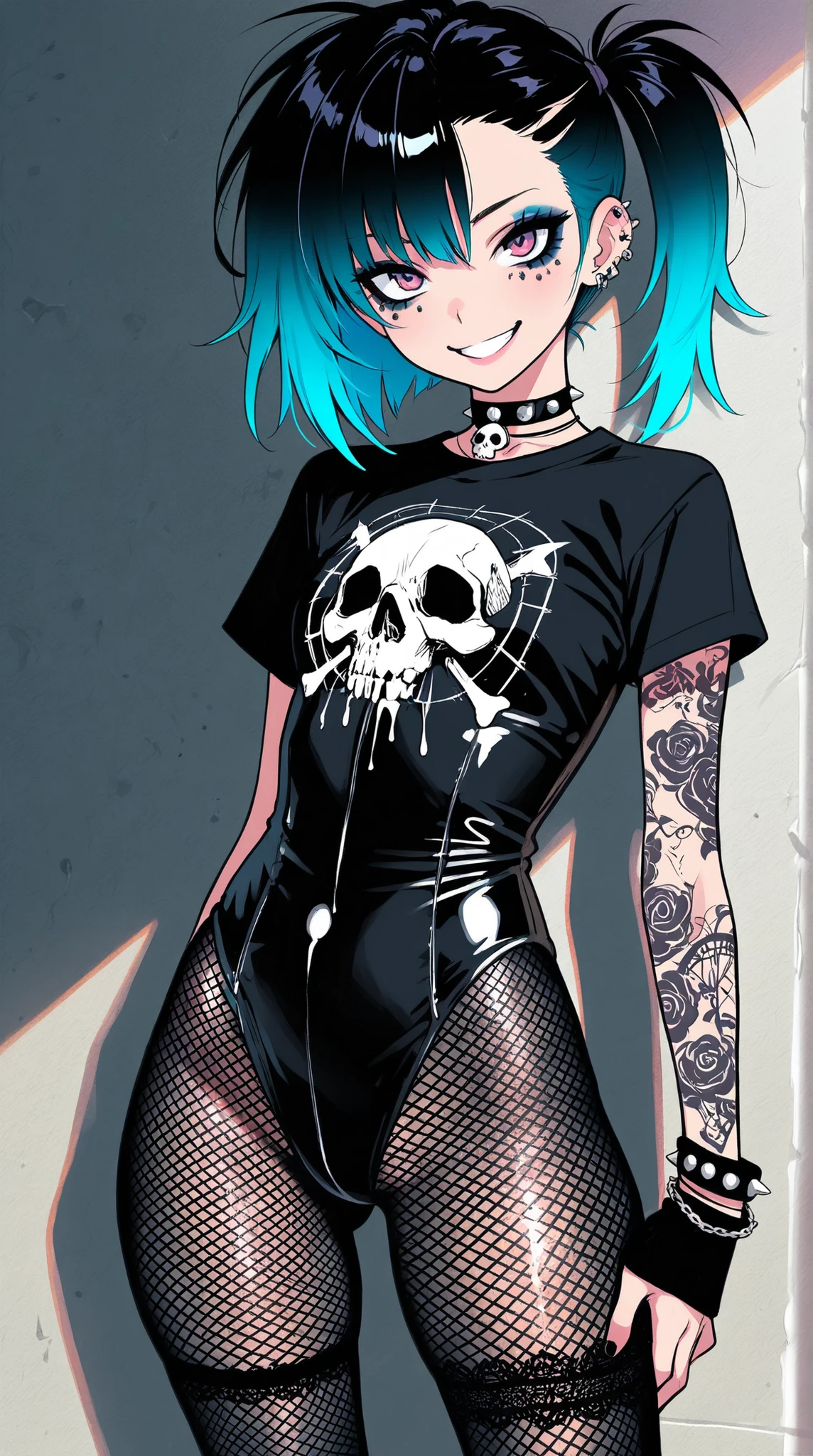 ((top quality)) , (Ultra High Definition) , (ultra details) , (depicted in every detail) , ((Best Photos)) , (best works of art on the Moon) ,  Ultra Precision Art  ,  amazing depiction techniques  , female, gradient hair color,  Smile, Side Ponytail, Punk Makeup, leotard bodysuit, black tights, Punk Fashion, Skull piercing,   Neon Street,  delicately depicted in detail, 