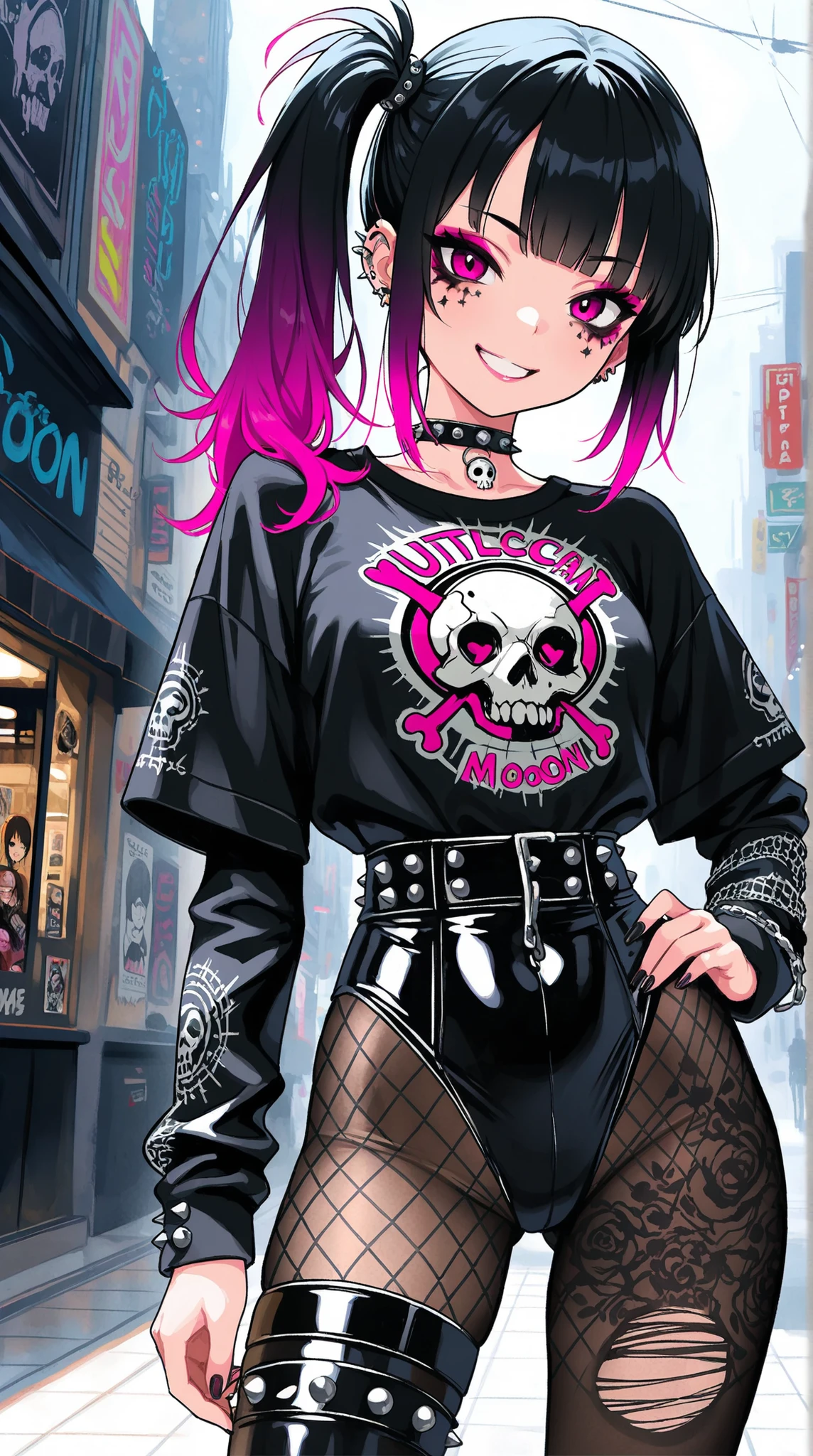 ((top quality)) , (Ultra High Definition) , (ultra details) , (depicted in every detail) , ((Best Photos)) , (best works of art on the Moon) , Ultra Precision Art , amazing depiction techniques , female, gradient hair color, Smile, Side Ponytail, Punk Makeup, leotard bodysuit, black tights, Punk Fashion, Skull piercing, Neon Street, delicately depicted in detail,