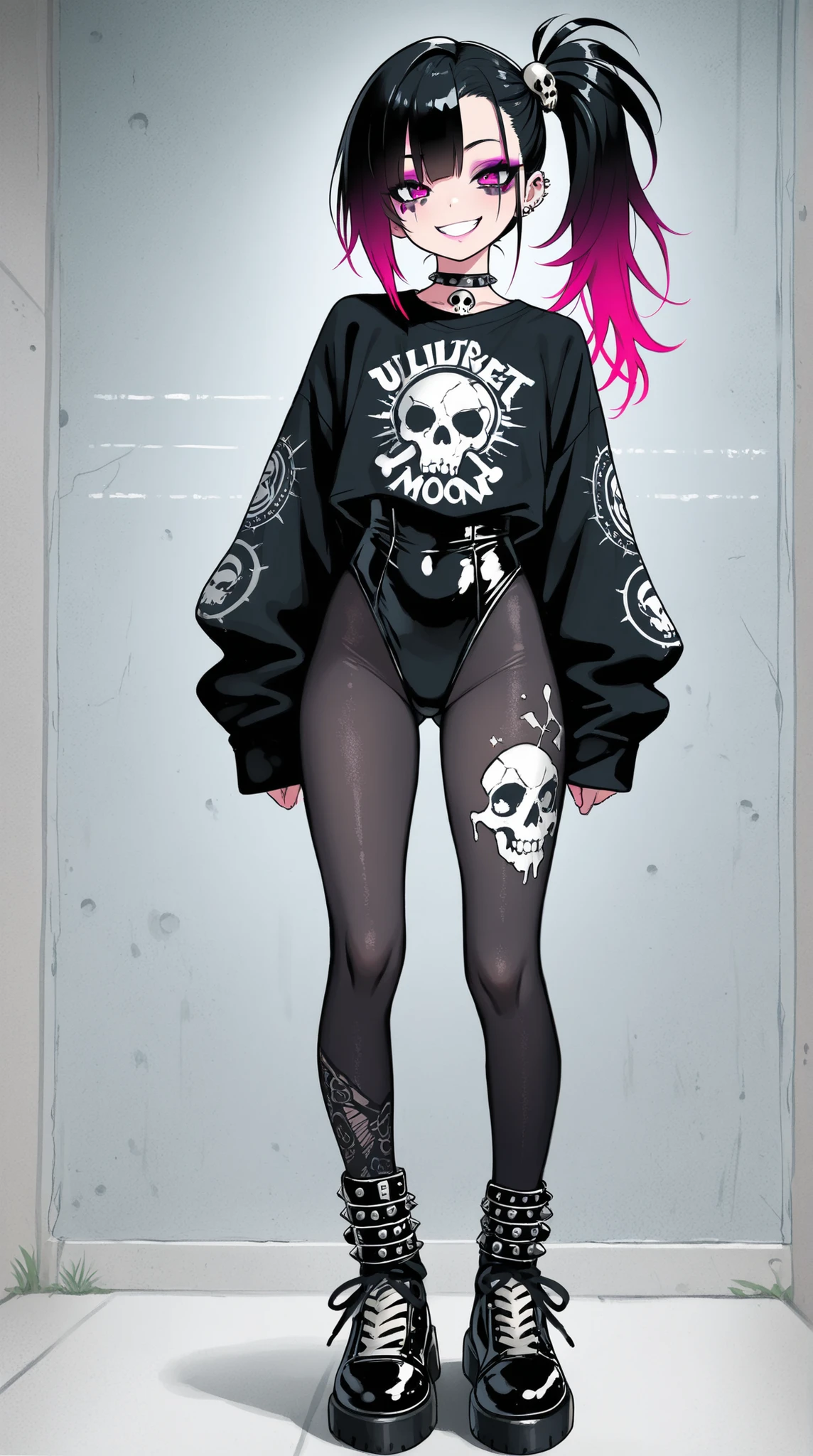 ((top quality)) , (Ultra High Definition) , (ultra details) , (depicted in every detail) , ((Best Photos)) , (best works of art on the Moon) , Ultra Precision Art , amazing depiction techniques , female, gradient hair color, Smile, Side Ponytail, Punk Makeup, leotard bodysuit, black tights, Punk Fashion, Skull piercing, Neon Street, delicately depicted in detail,