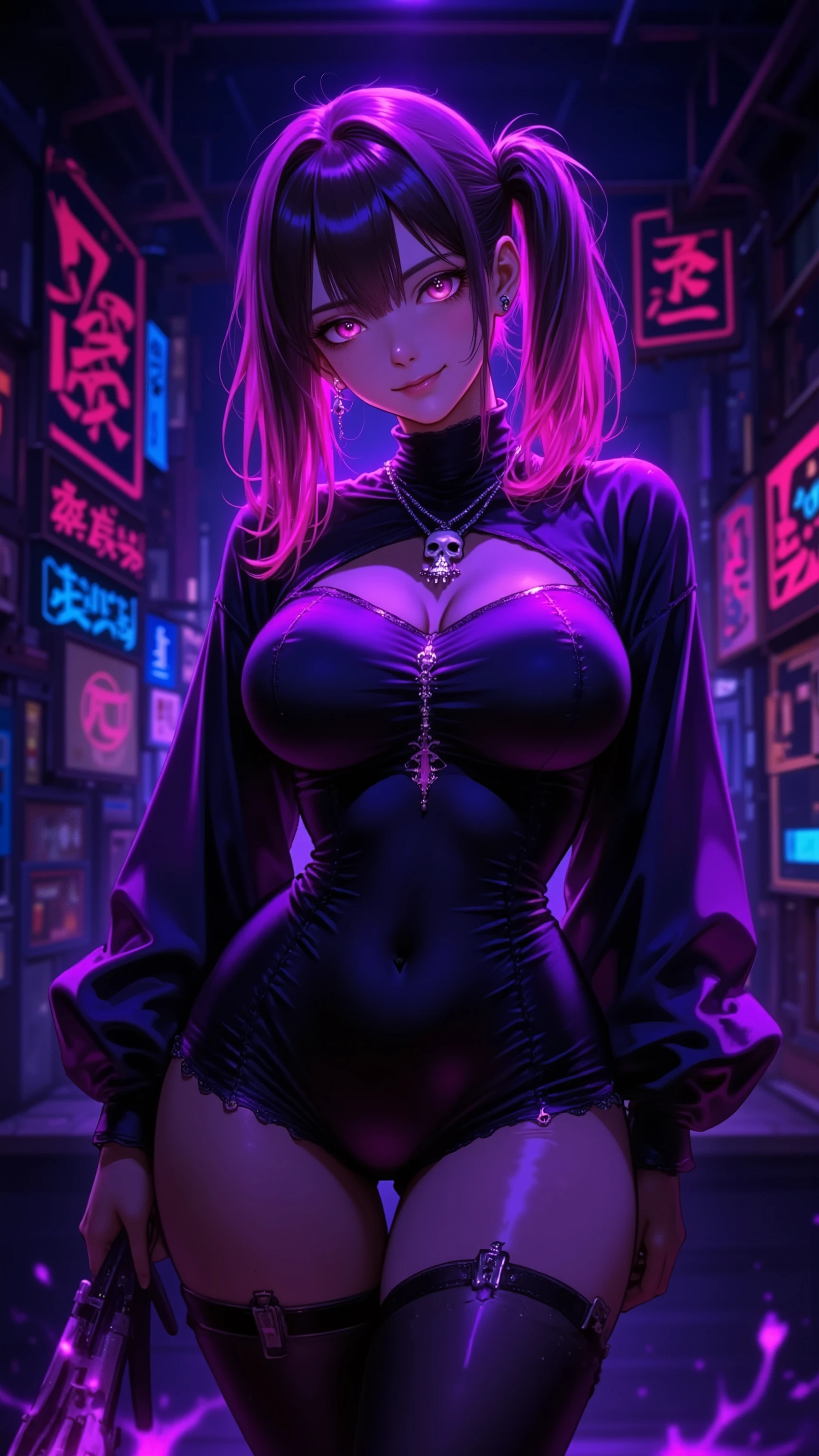 cute bunny girl,(((1girl))),((bunny girl with extremely cute and beautiful black hair)),(((bunny girl,anthro furry cute,bunny-girl))),(((bunny ears,bunny ears on head,big bunny ears))),

(large breasts:1.4),saggy breasts,((((black hair,red hair, two-tone hair),colored inner hair,ear breathing,long hair))),((heterochromia:1.5, (pink_eye and yellow_eye))),intricate eyes,beautiful detailed eyes,symmetrical eyes,((fat)),(((lustrous skin:1.5,bright skin: 1.5,skin tanned,shiny skin,very shiny skin,shiny body,plastic glitter skin,exaggerated shiny skin,illuminated skin,wet legs))),(spider lower abdomen,narrow waist,wide hip,athletic body,inflated legs,detailed body,(detailed face)),

cute,slutty,seductive,erotic,(((nsfw))),

zettai ryouiki,((slingshot swimsuit black,wearing a slingshot swimsuit outfit:1.3,swimsuit type spacesuit,black armor swimsuit:1.3)),(((huge cleavage))),((wet clothes,intricate outfit,intricate clothes)),

(dynamic pose:1.0),solo focus,embarrassed,(centered,scale to fit dimensions,Rule of thirds),

cyberpunk city by the ocean at night, with bright neon signs and dark stormy clouds and puddles, scenery:1.25,

highres, sharp focus, (ultra detailed, extremely detailed), (photorealistic artwork:1.37),(extremely detailed CG unity 8k wallpaper),((synthwave background theme)),(((vibrant colors))),(intricate background),(masterpiece),(best quality),