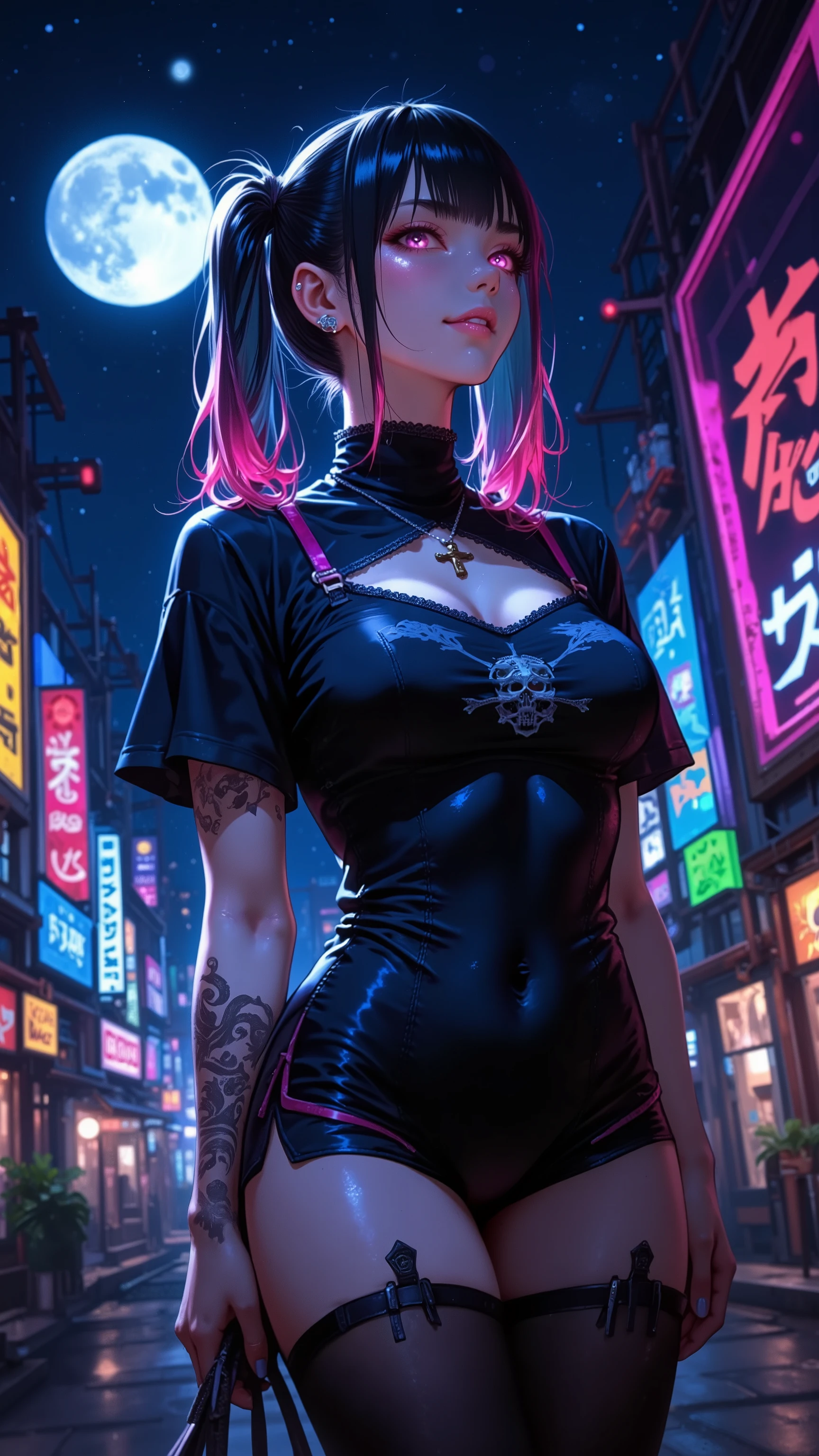 a sprawling city shrouded in darkness, illuminated only by vibrant neon lights that reflect off wet, rain-soaked streets adorned with holographic billboards and towering megacorporate logos. (1girl, solo, alone), large-breast:1.3 very slim body, long:0.4 hair, cleavage:1.1, sexy micro:0.3 laced lingerie with short:0.6 jacket, (pubic hair), (black sunglasses), ((she raised a pistol:1.8 and shot the viewer)), running pose, ((half-body thigh:0.95 level medium shot)), cinematic lighting, lens flare, ray tracing, blurred:0.5 background.