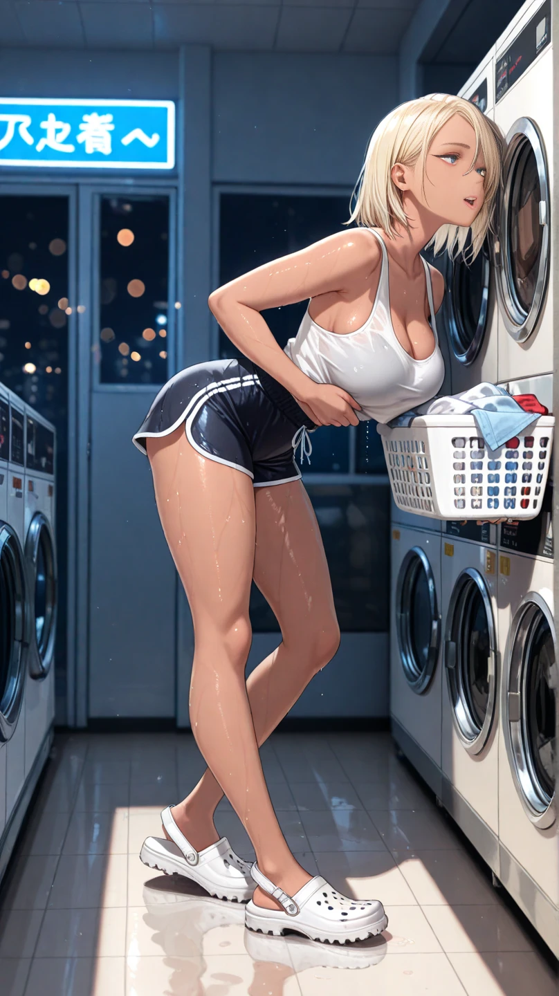 1 girl, (sports bikini: 1.2)(masterpiece, high quality),, (very dark skin), ((medium chest, adult woman with large breasts, small head), (cut abs: 1.1), (blonde, wavy long hair: 1.2, bangs patsun), (midnight, park, public toilet), sweating, crying, crying, tearing, leaning forward and sticking out her buttocks, Black mini tight skirt, white panties, garter belt, fishnet stockings, barefoot, toilet and graffiti on body, wide open mouth