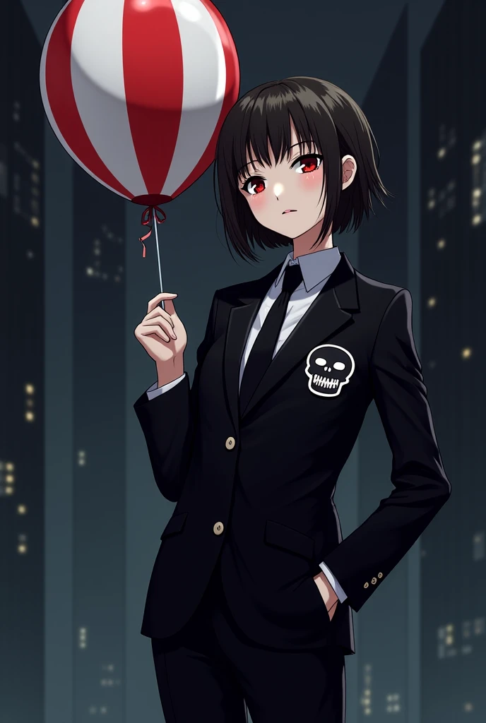 Ridiculous resolution, A high resolution, (masterpiece:1.4), hyper detailled, 1girl，Black Wolf，Black suit，Grin，Black gloves，The black sword that was not drawn，Black and gray building with bags，On the street，Blood stains on the walls and on the ground，Eyes on the screen，Dark day