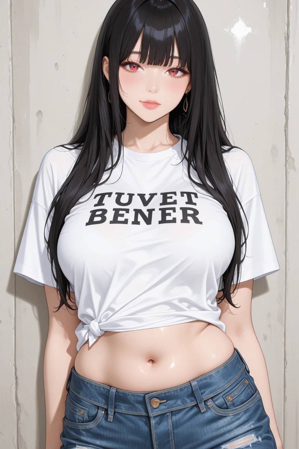 Young girl, long black hair, blue eyes, tattoo on face, white T-shirt, pants, masterpiece, high quality