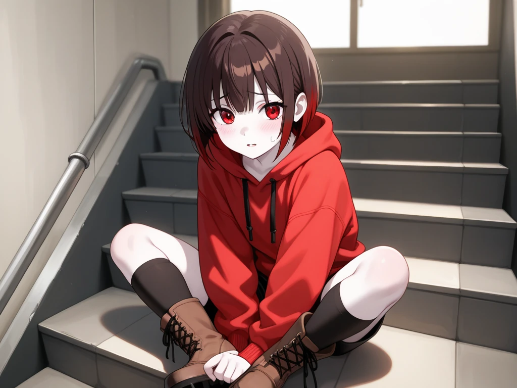 konosubaMegumin, Megumin, short hair, Black Hair, (Red eyes:1.3), short hair with long locks,Oversized red hoodie,Baseball hats,Shorts,White pantyhose,short boots,night,rain,cloudy,Hiding in a roofed building,Sitting on the stairs,whole bodyがイラストに入るように,
break indoors ,Alley,
break looking at viewer, whole body,
break (masterpiece:1.2), Highest quality, High resolution, unity 8k wallpaper, (figure:0.8), (Beautiful attention to detail:1.6), Highly detailed face, Perfect lighting, Highly detailed CG, (Perfect hands, Perfect Anatomy),