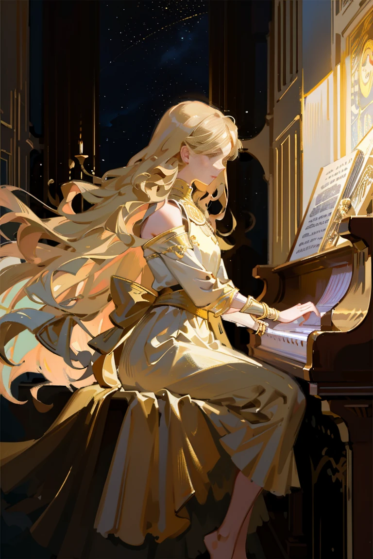 A beautiful young woman with long golden hair, wearing a dress, sitting at a grand piano in the middle of a serene cosmic landscape, with the moon in the background, playing the piano with graceful movements, (best quality,4k,8k,highres,masterpiece:1.2),ultra-detailed,(realistic,photorealistic,photo-realistic:1.37),intricate details,cinematic lighting,dramatic composition,vibrant colors,glowing celestial elements,ethereal atmosphere