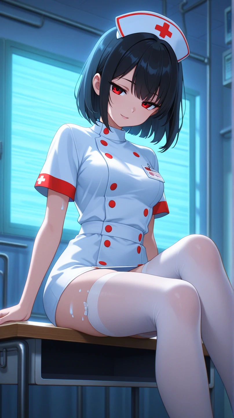 kujousaradef, nurse, smile, blush, hospital, indoor, day, window, short hair, sky, temple, looking at viewer, stairs, mountain, moody lighting, facing viewer, sexy pose, show teeth, tattoo, cool black tattoo, ear pierce, cleveage, nurse uniform, mini skirt, stocking,