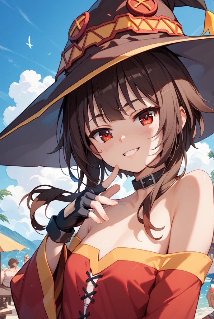 (master part, best quality),  peitos pequenos,1girl, Megumin, short hair, com roupa vermelha de praia, Sakura, na praia, molhada, suando de calor , red eyes