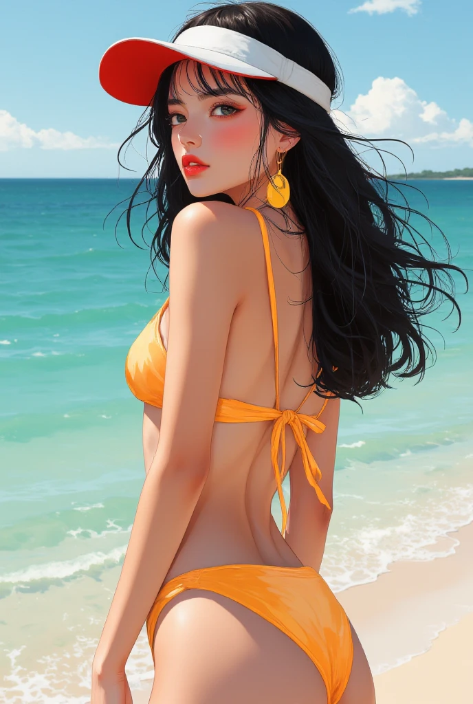 A stunning woman in a black hat and a yellow and red bikini , posing for a photo. Vibrant colors and unique combination of elements create a visually captivating image. Will the woman&#39;s green eyes match the bikini?? Will the photo be taken in a tropical paradise or in a bustling city? The possibilities are endless with this message.